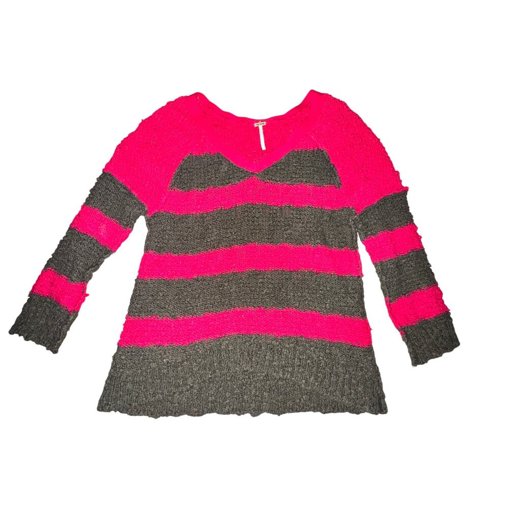 Free People Songbird Sweater Women's Size XS Pink Gray Striped V Neck Knit